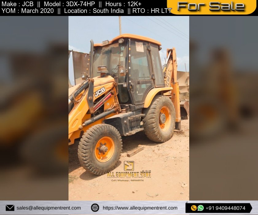 Used Backhoe Loader JCB 3DX March 2020 with 74HP Engine HR Registered Life Time Tax paid Available for Sale in south india