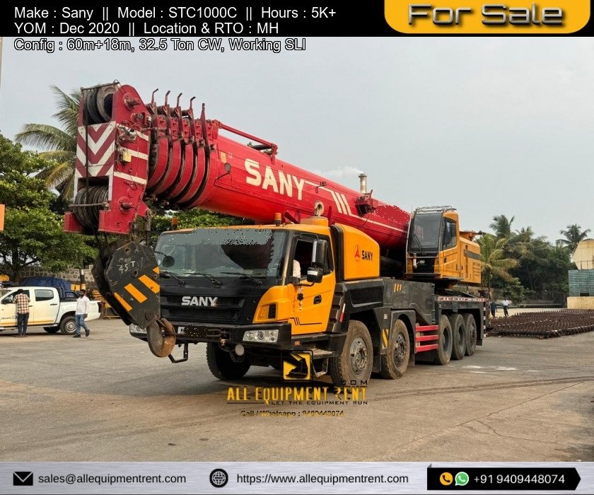 MH Registered 100 Ton Class Used Sany Crane STC1000C Dec 2020 Model Availabel for Sale in Maharashtra